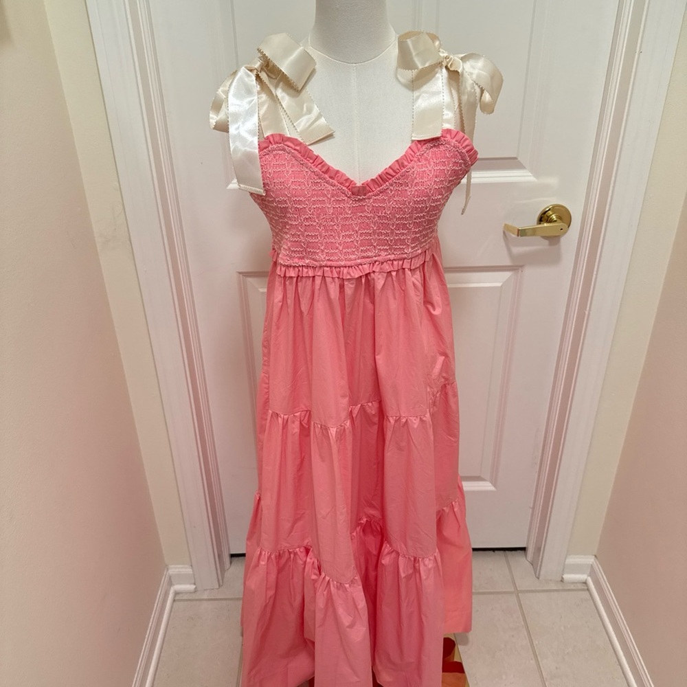 NWT Lovelo Pink Tiered Maxi Dress, Cream Satin Tie Straps, Has Pockets, Size L